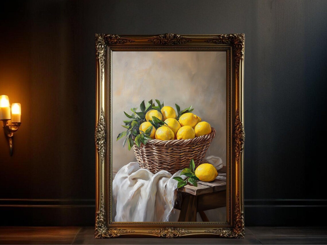 Lemons In Basket Vintage Oil Painting, Kitchen Decor