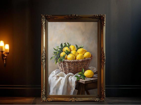 Lemons In Basket Vintage Oil Painting, Kitchen Decor