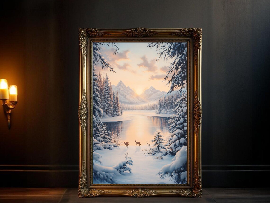 Winter Landscape Deer In Snowy Forest, Nature Art Print