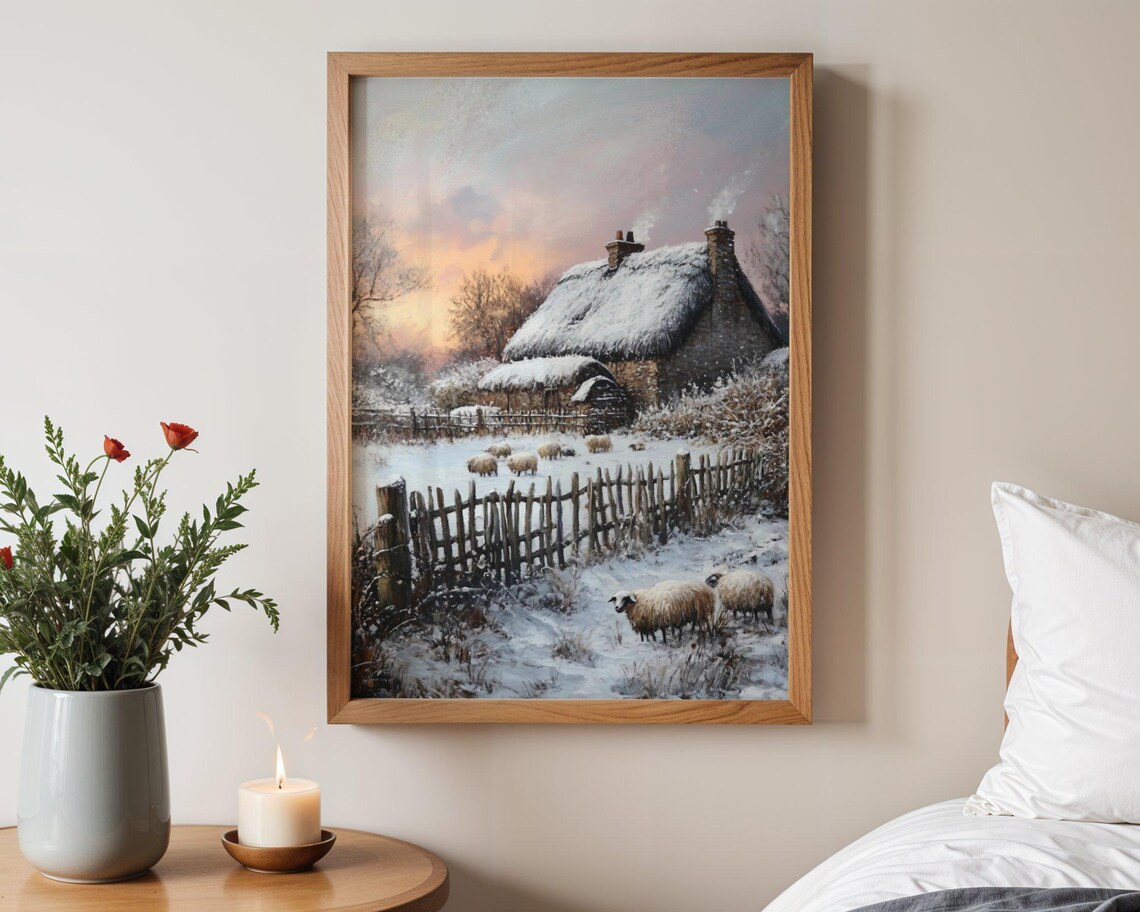Winter Cottage Landscape, Rustic Snowy Countryside Scene