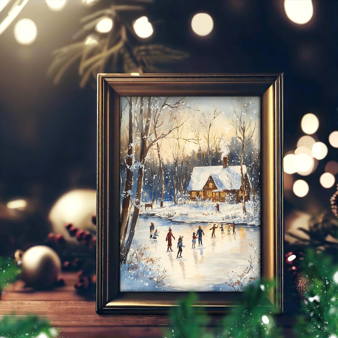 Winter Ice Rink Cabin, Festive Holiday Landscape