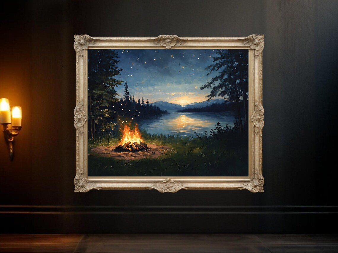 Tranquil Lakeside Campfire, Rustic Forest Landscape