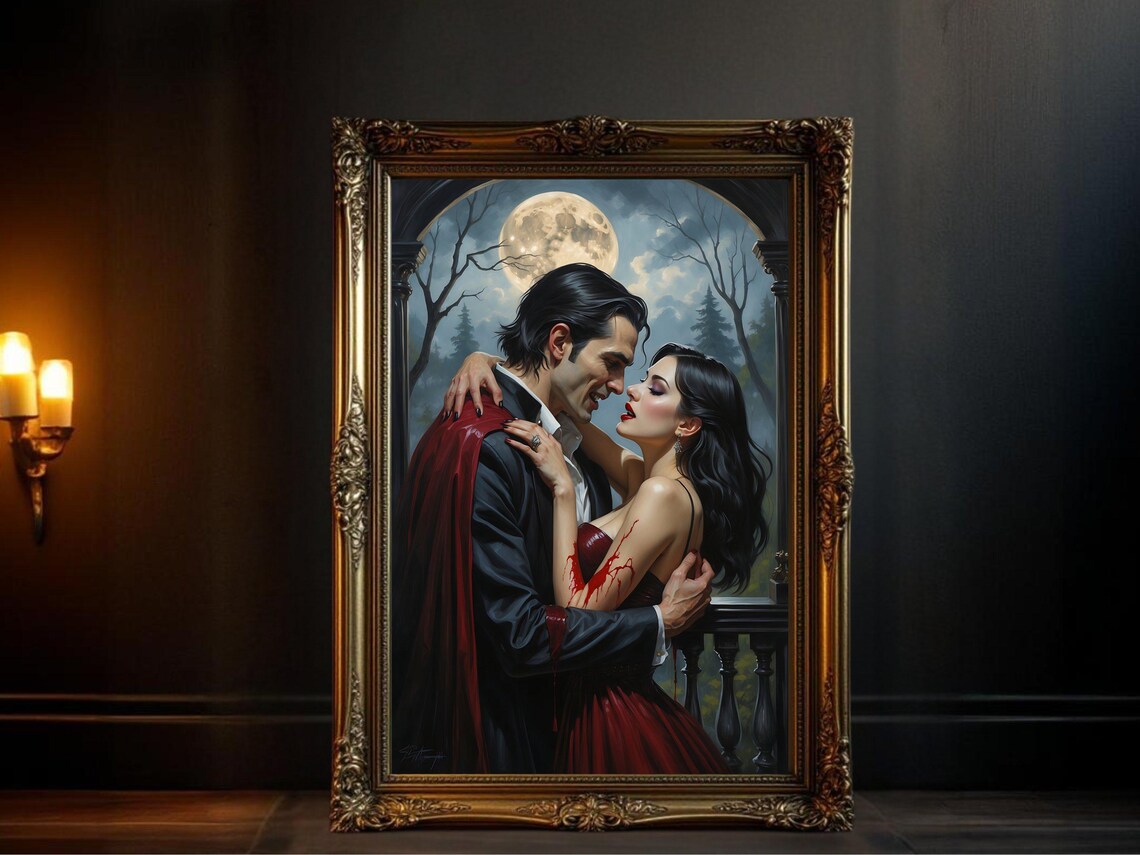 Gothic Vampire Couple, Romantic Horror Scene Art Print