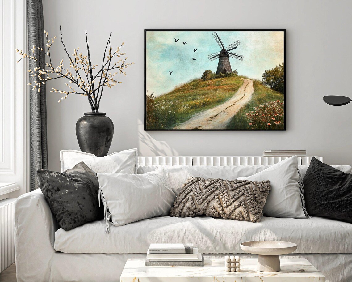 Vintage Windmill Landscape, Rustic Farmhouse Scene - Image 3