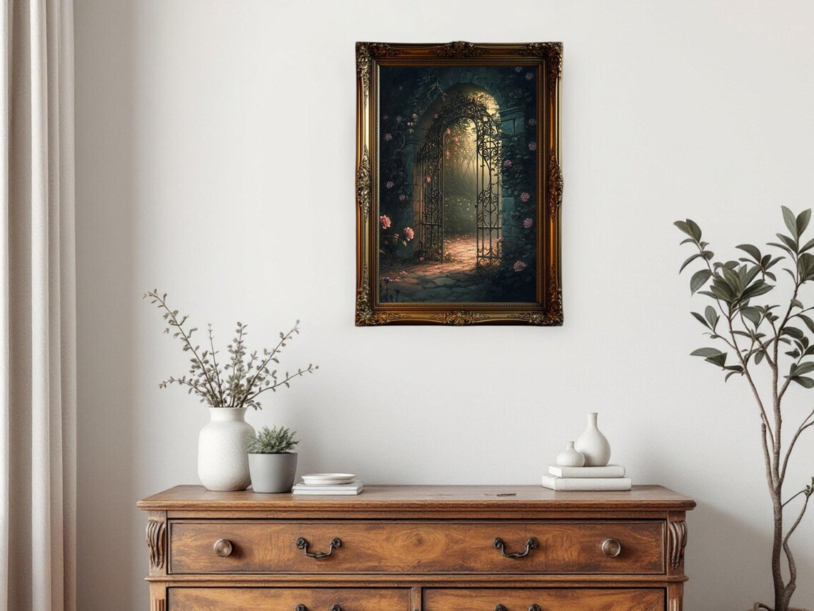 Enchanted Garden Gate, Mystical Rose Archway Print - Image 3