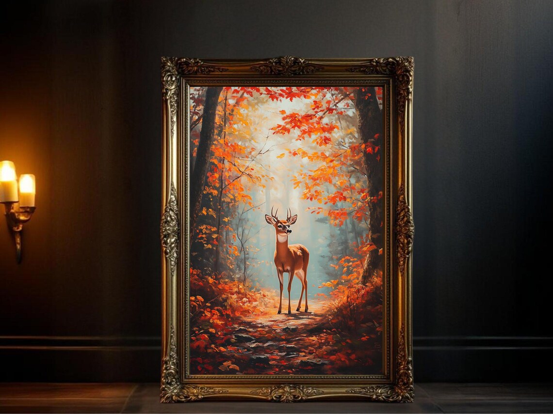 Autumn Forest Deer Art Print, Rustic Wildlife Decor