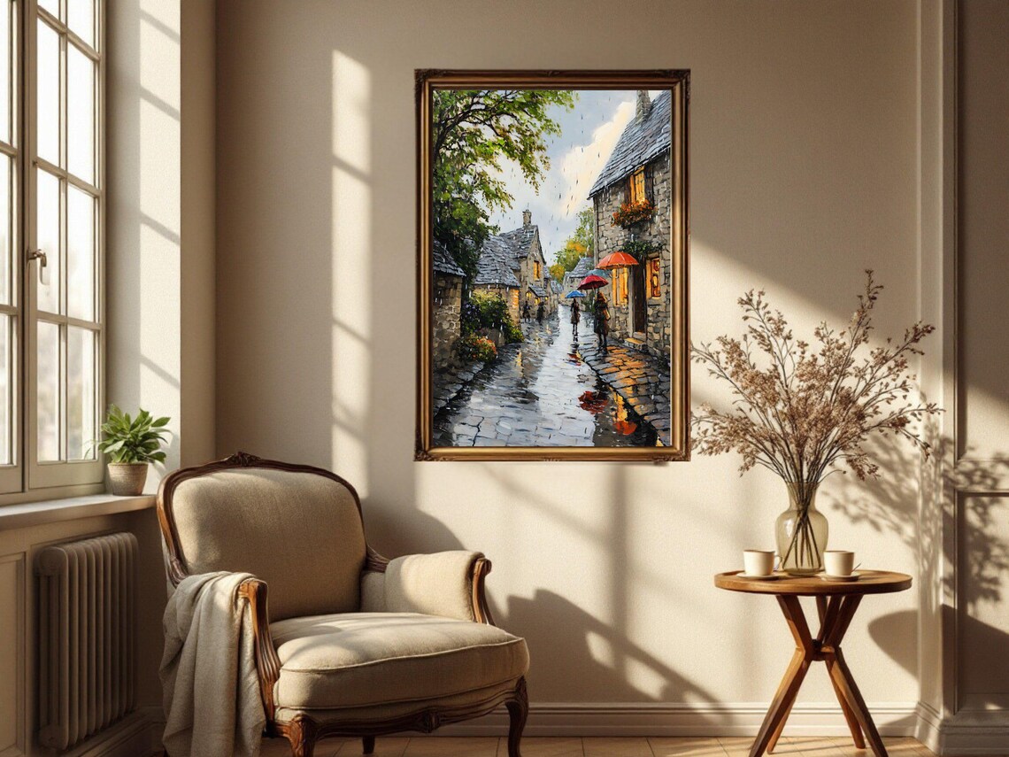 Rainy Village Street Scene, Rustic Home Decor Accent - Image 3