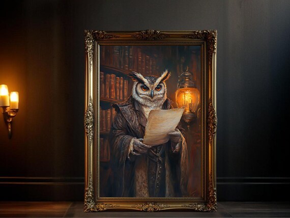Vintage Owl Reading In Library, Antique Style