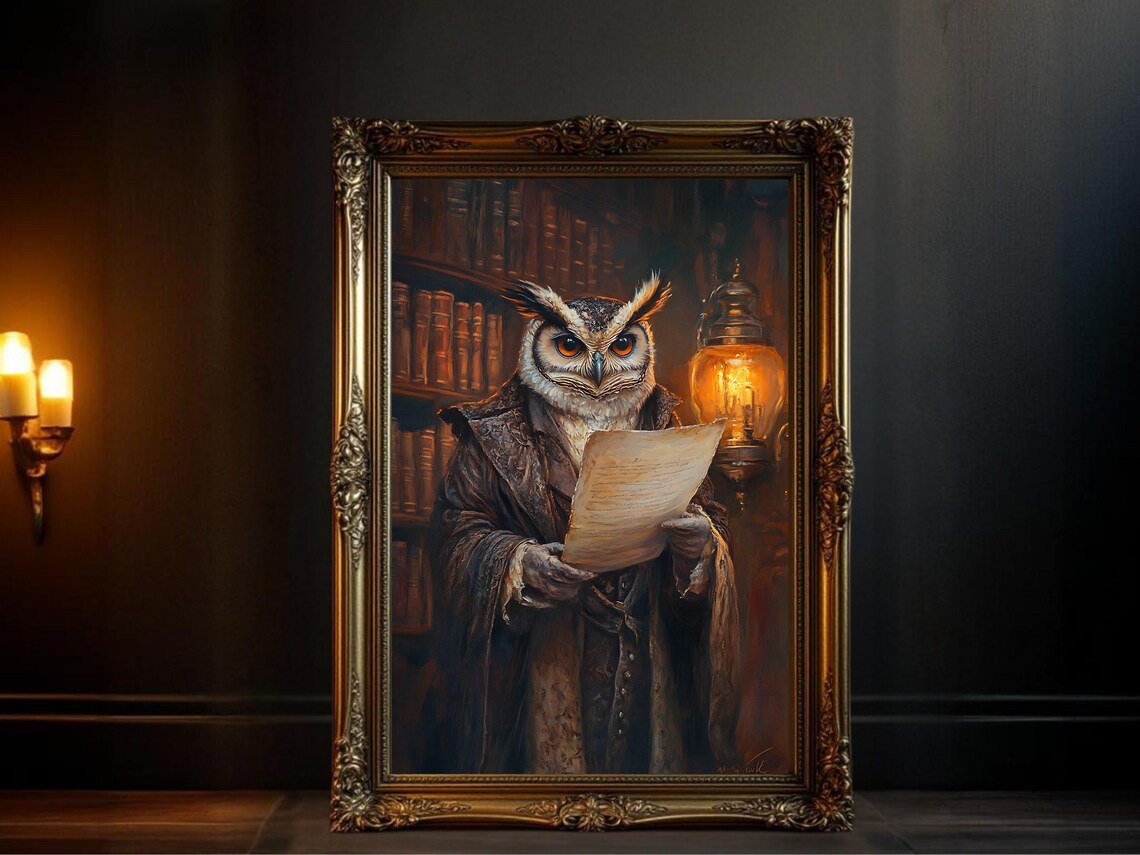 Vintage Owl Reading In Library, Antique Style
