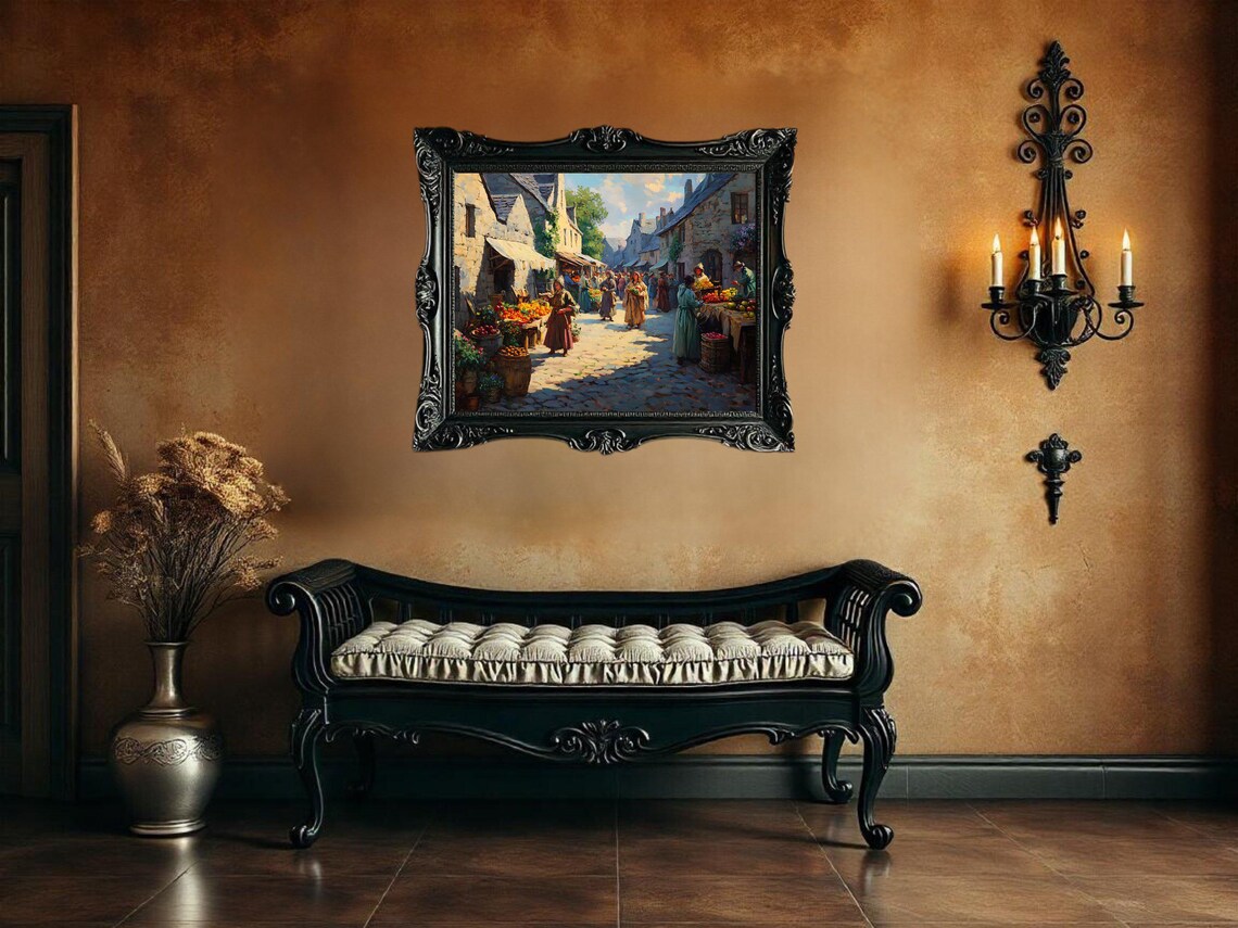 Village Market Street Scene, Vintage Rustic Print - Image 3
