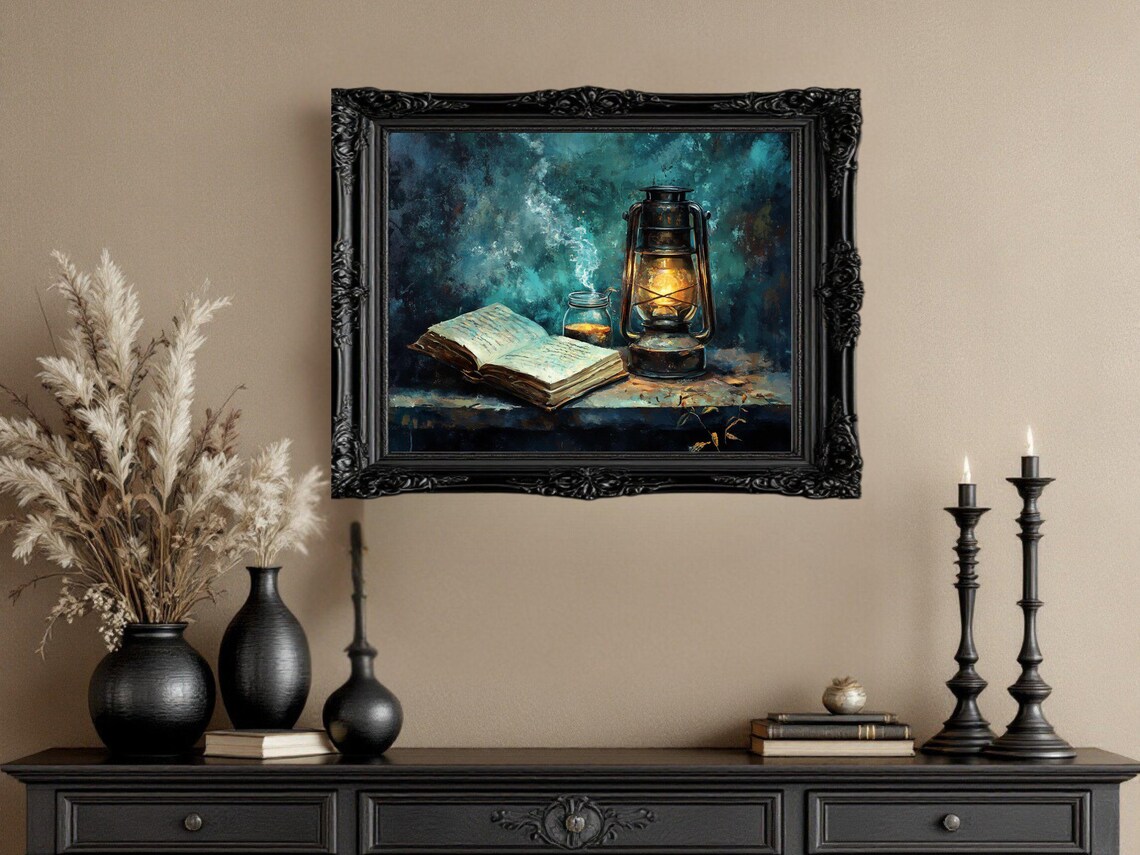 Vintage Lantern And Open Book, Mystical Night Art Print - Image 3