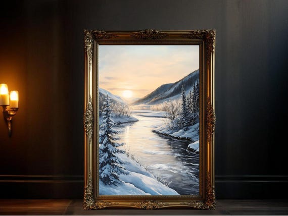 Winter Landscape Art Print, Snowy Mountain River
