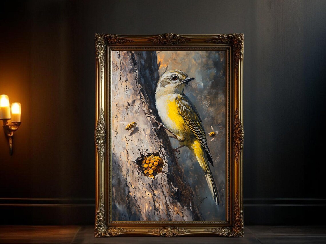 Yellow Bird and Beehive Rustic Wildlife Art Print