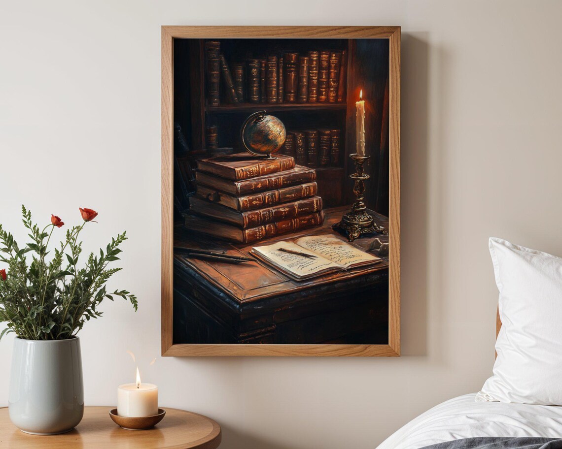 Vintage Books And Candlelight, Rustic Library Decor - Image 3