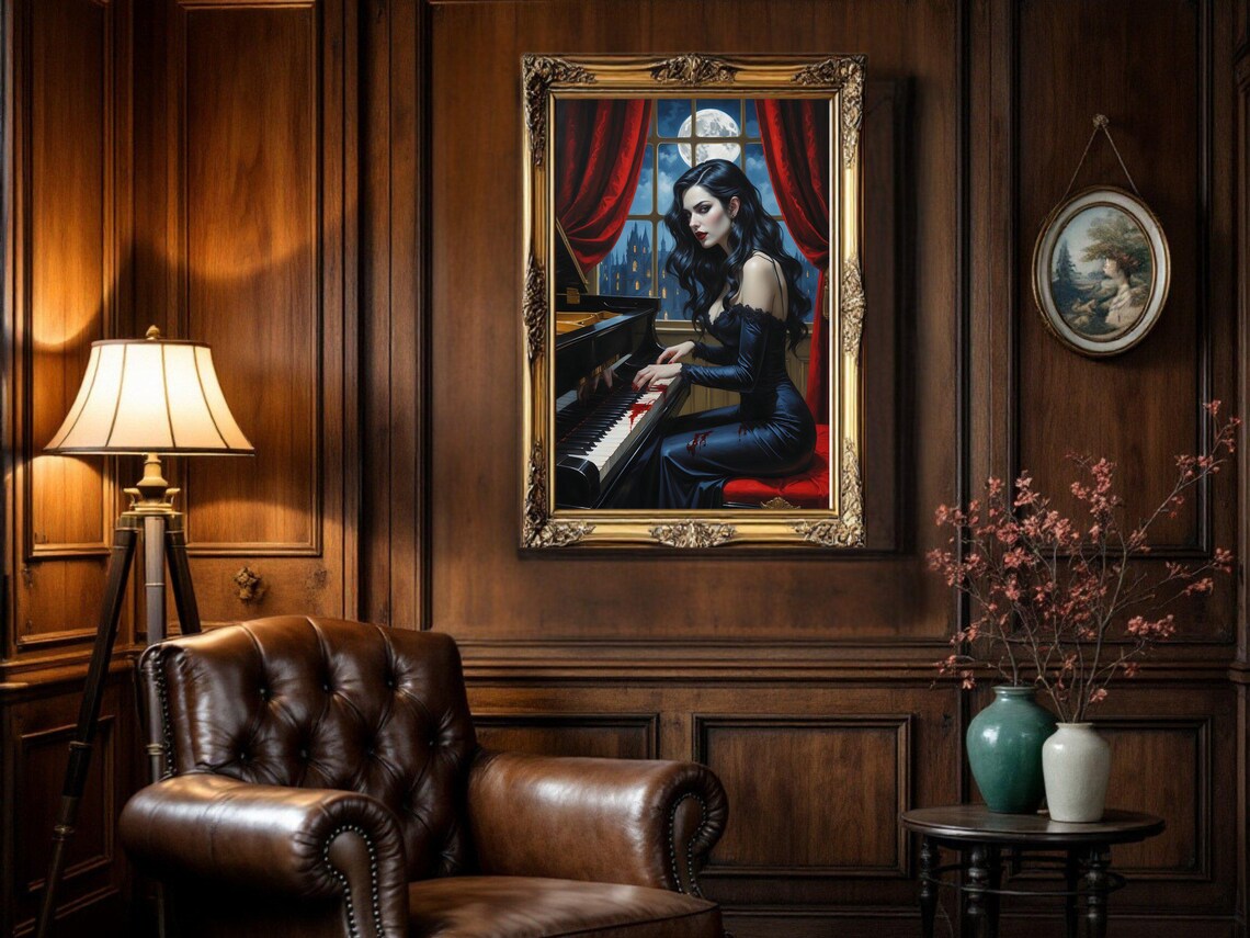 Gothic Woman Playing Piano, Dark Fantasy Artwork - Image 3