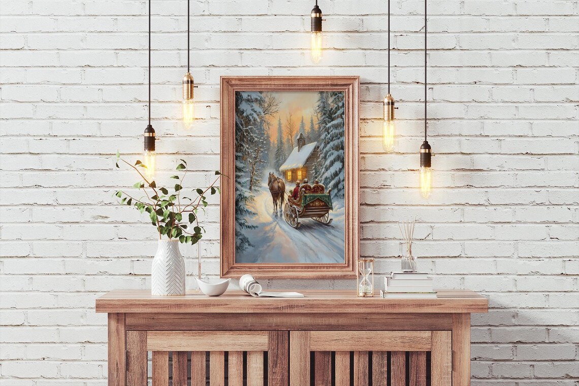 Horse Drawn Sleigh Christmas Art, Vintage Holiday - Image 2