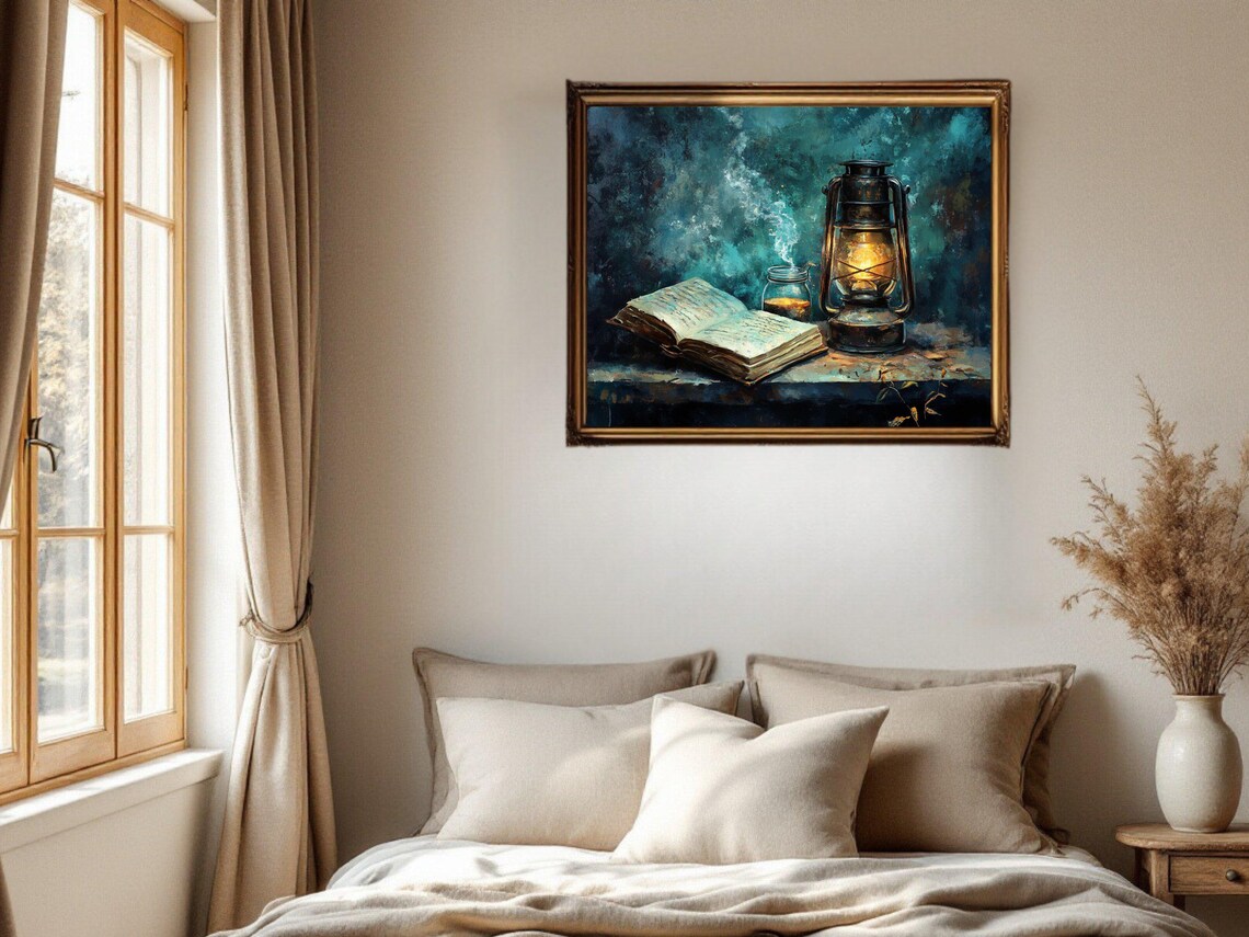 Vintage Lantern And Open Book, Mystical Night Art Print - Image 2