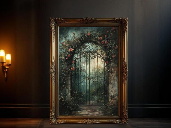 Enchanting Garden Gate, Gothic Floral Poster Print