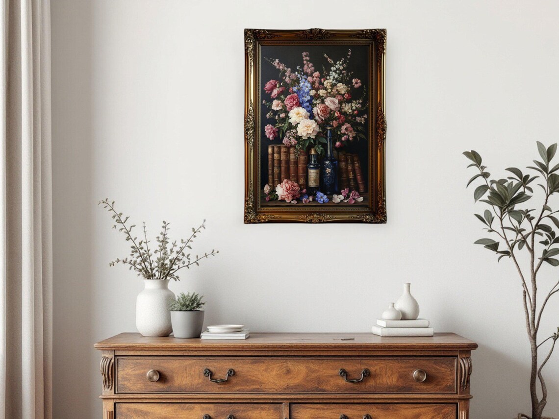Vintage Floral Still Life, Antique Books And Flowers - Image 2