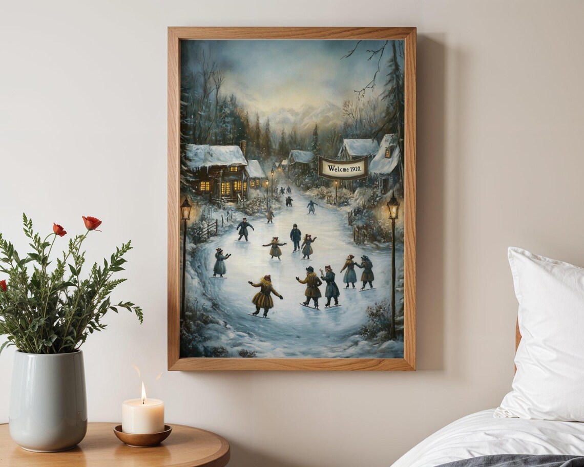 Vintage Winter Wonderland Snowy Village Scene Art Print