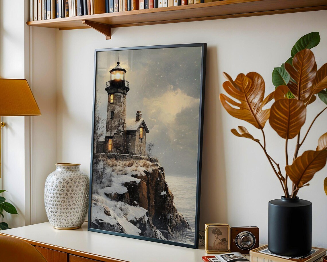 Enchanting Lighthouse In Winter Snow, Coastal Art Print - Image 2