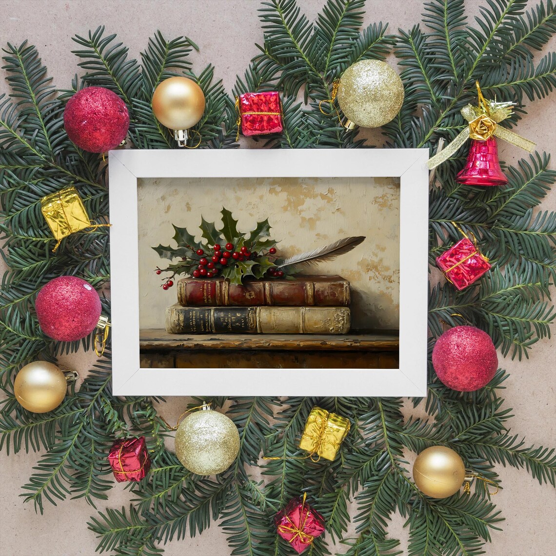 Vintage Holly And Books Rustic Christmas Decor - Image 3