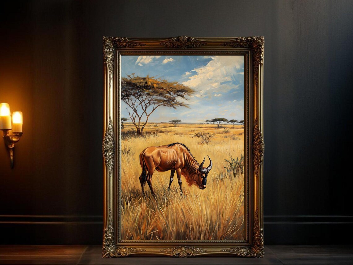 African Savanna Wildlife, Wildebeest Safari Scene Art Print