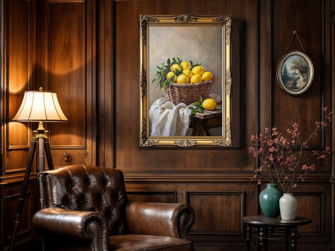 Lemons In Basket Vintage Oil Painting, Kitchen Decor - Image 2