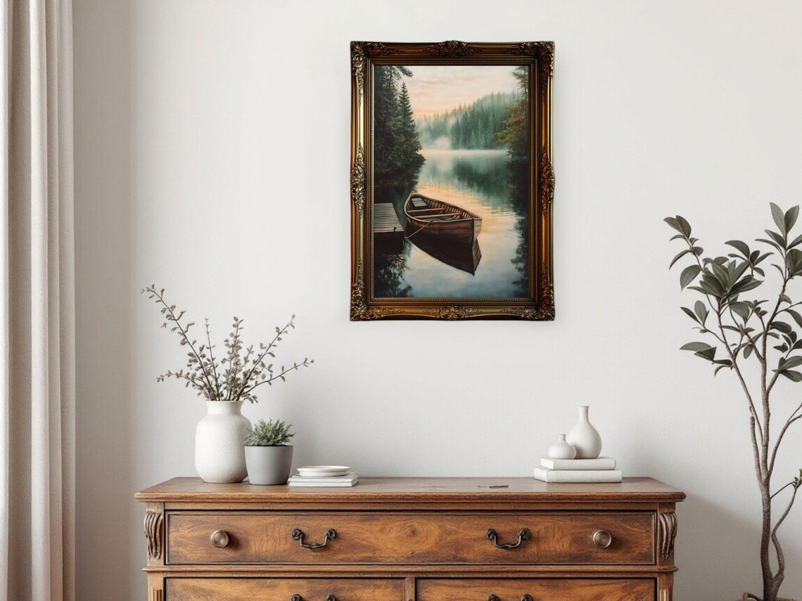 Tranquil Lake Scene Art Print, Rustic Boat Sunrise - Image 2