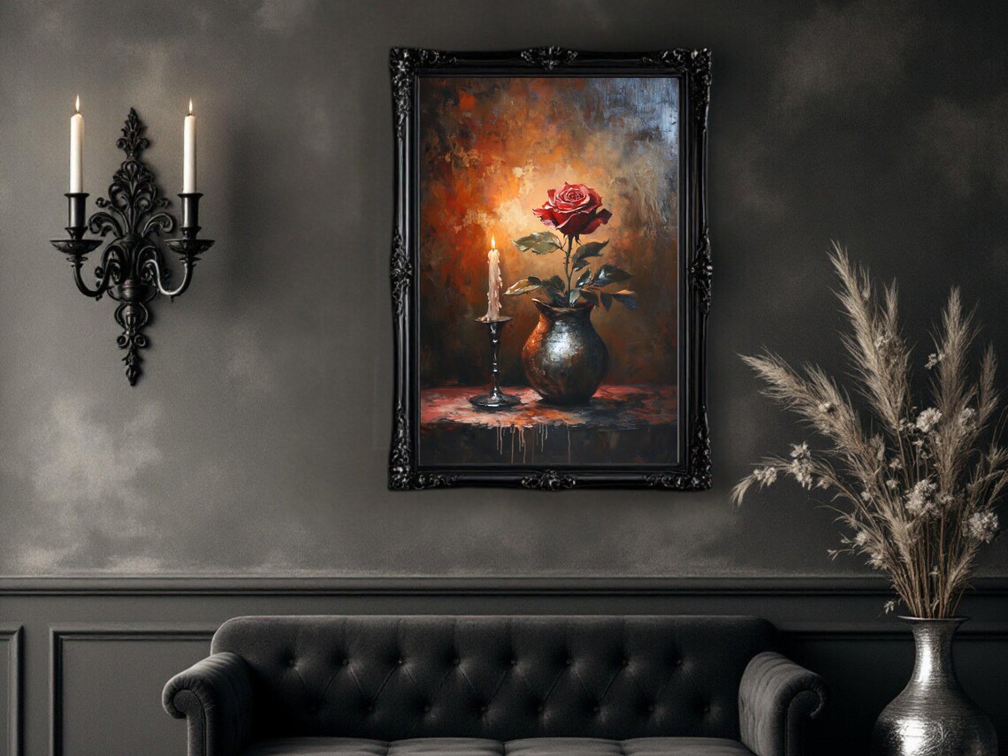 Rose Painting With Candle, Romantic Floral Vintage Decor - Image 2