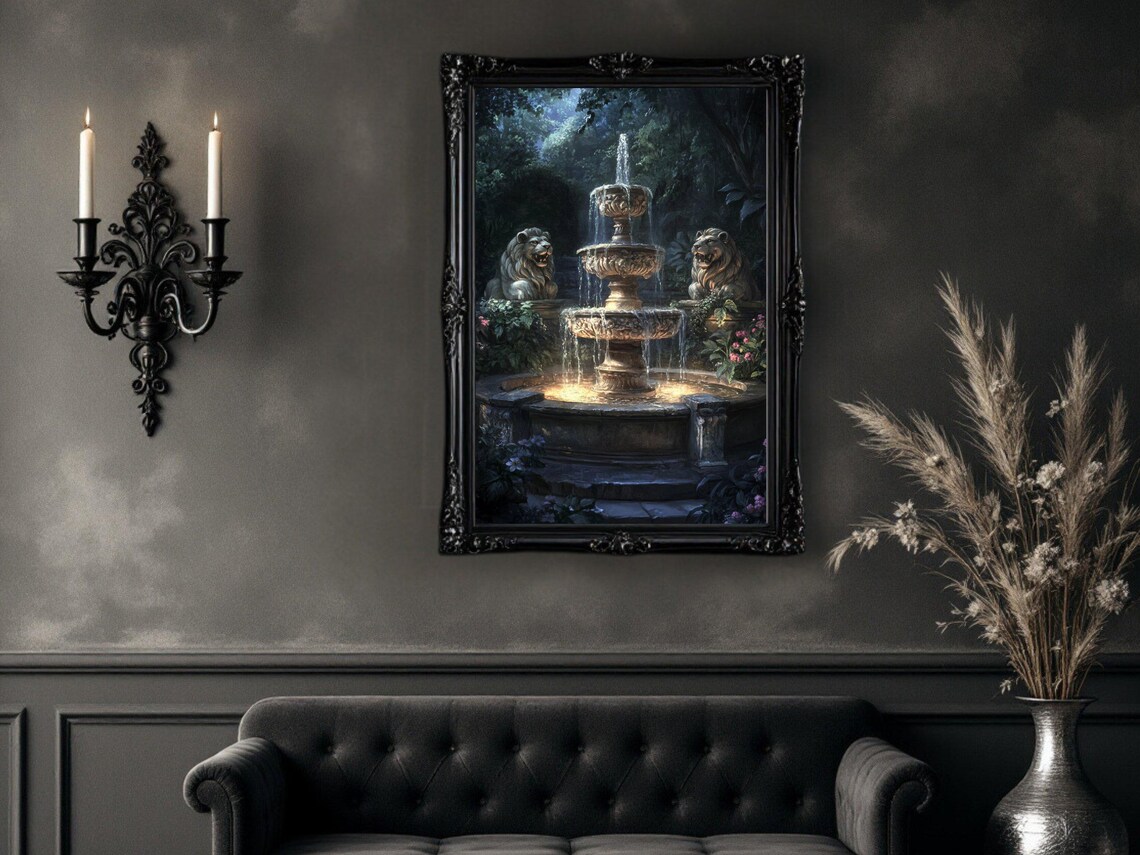 Lion Fountain, Elegant Nature Scene Art Print - Image 2