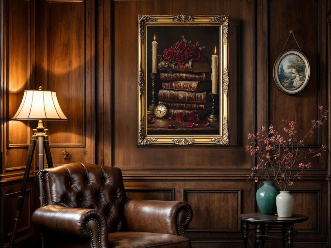 Vintage Book Stack With Roses, Gothic Library Art Print - Image 2