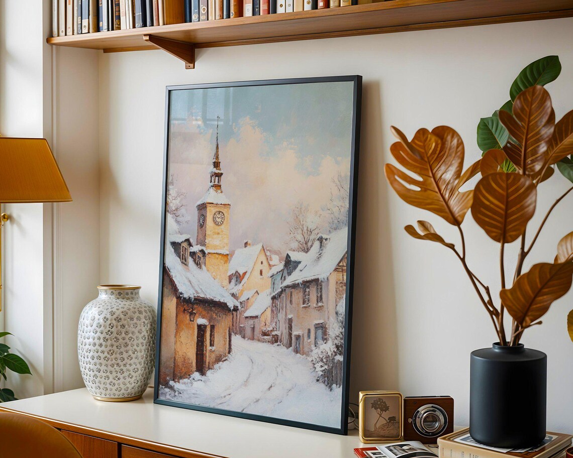 Winter Village Street Scene, Rustic Town Landscape - Image 2