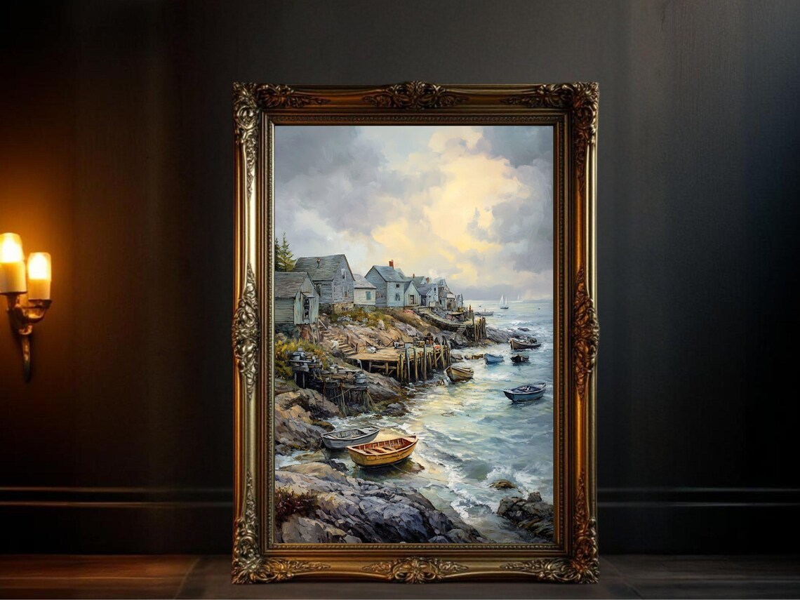 Coastal Village, Ocean Harbor Landscape Painting