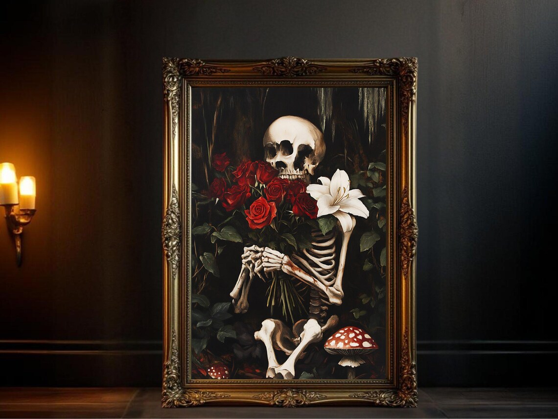 Gothic Skeleton Holding Roses And Lily, Vintage Dark Art Print