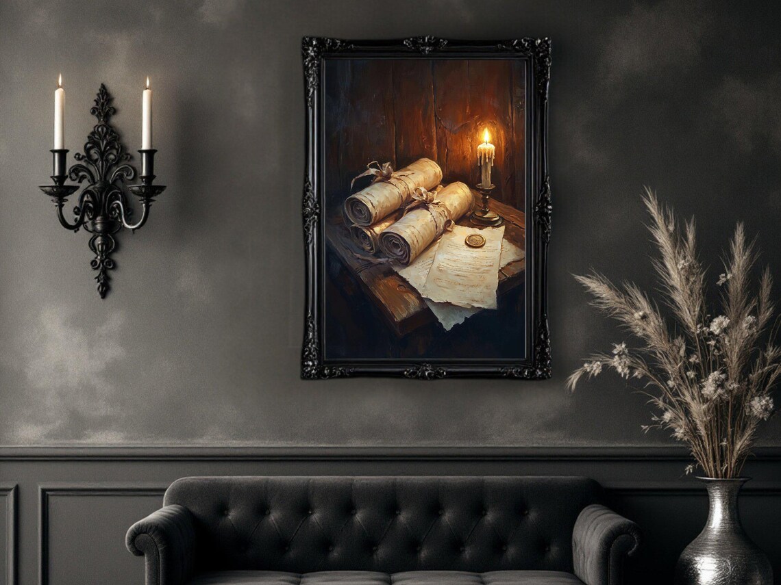 Vintage Scrolls Candlelit Artwork, Antique Manuscript - Image 2