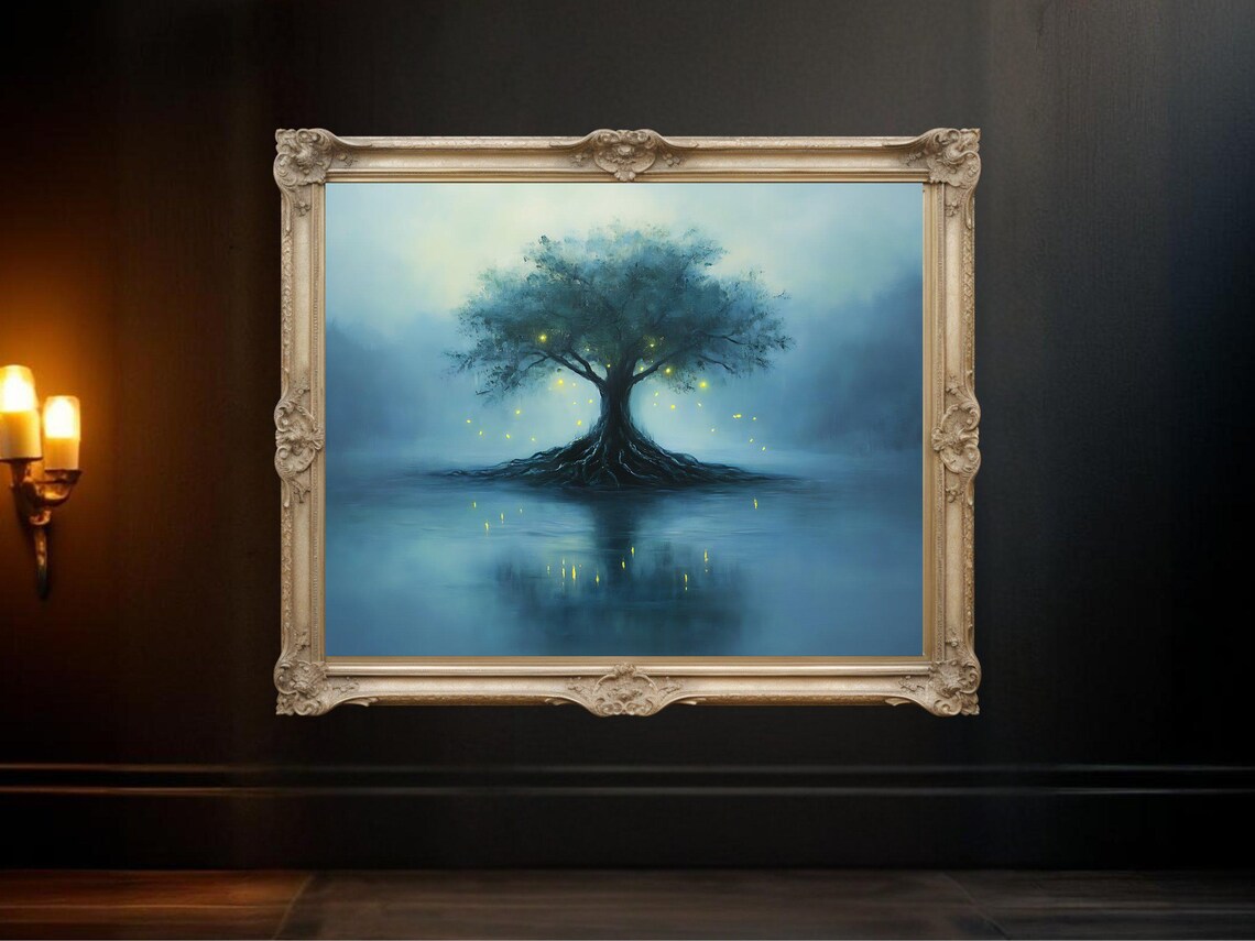 Enchanting Tree, Misty Forest Landscape With Fireflies