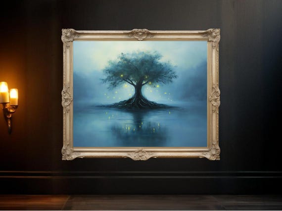 Enchanting Tree, Misty Forest Landscape With Fireflies