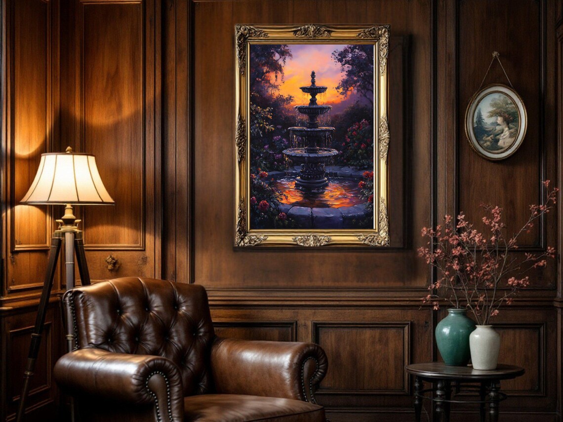 Fountain Sunset, Mystical Garden Scene Art Print - Image 3