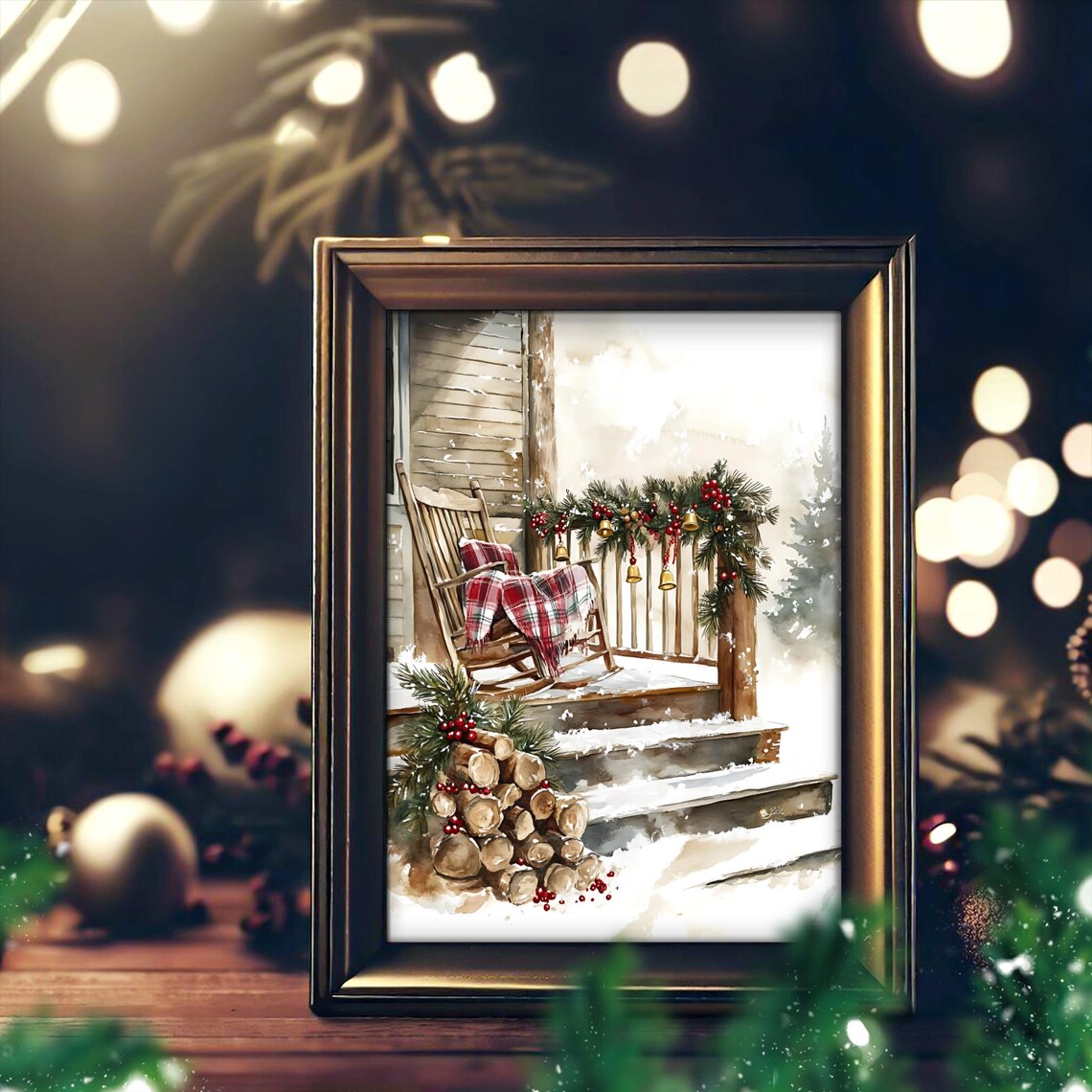 Festive Winter Porch, Rustic Christmas Scene