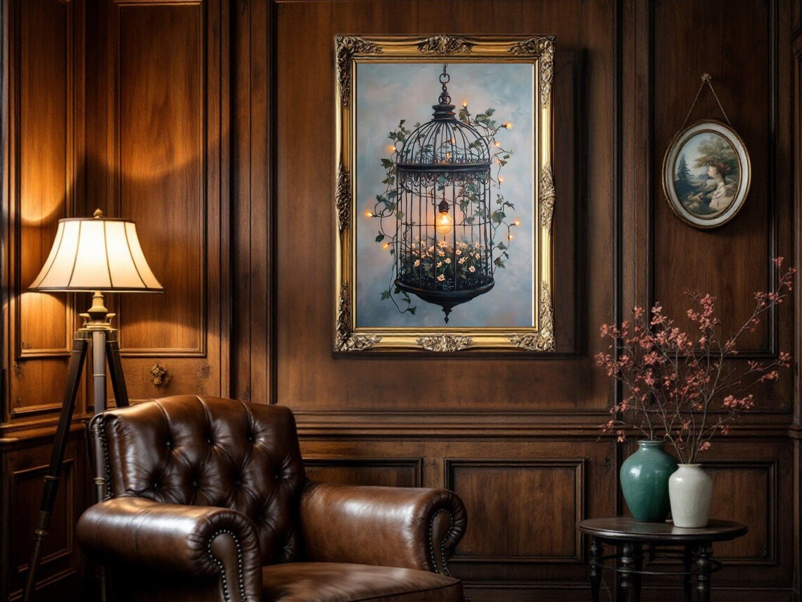 Birdcage With Ivy And Fairy Lights, Vintage Oil Painting - Image 2