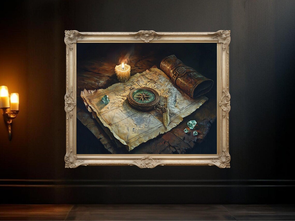 Vintage Compass Map Poster, Antique Nautical Adventure