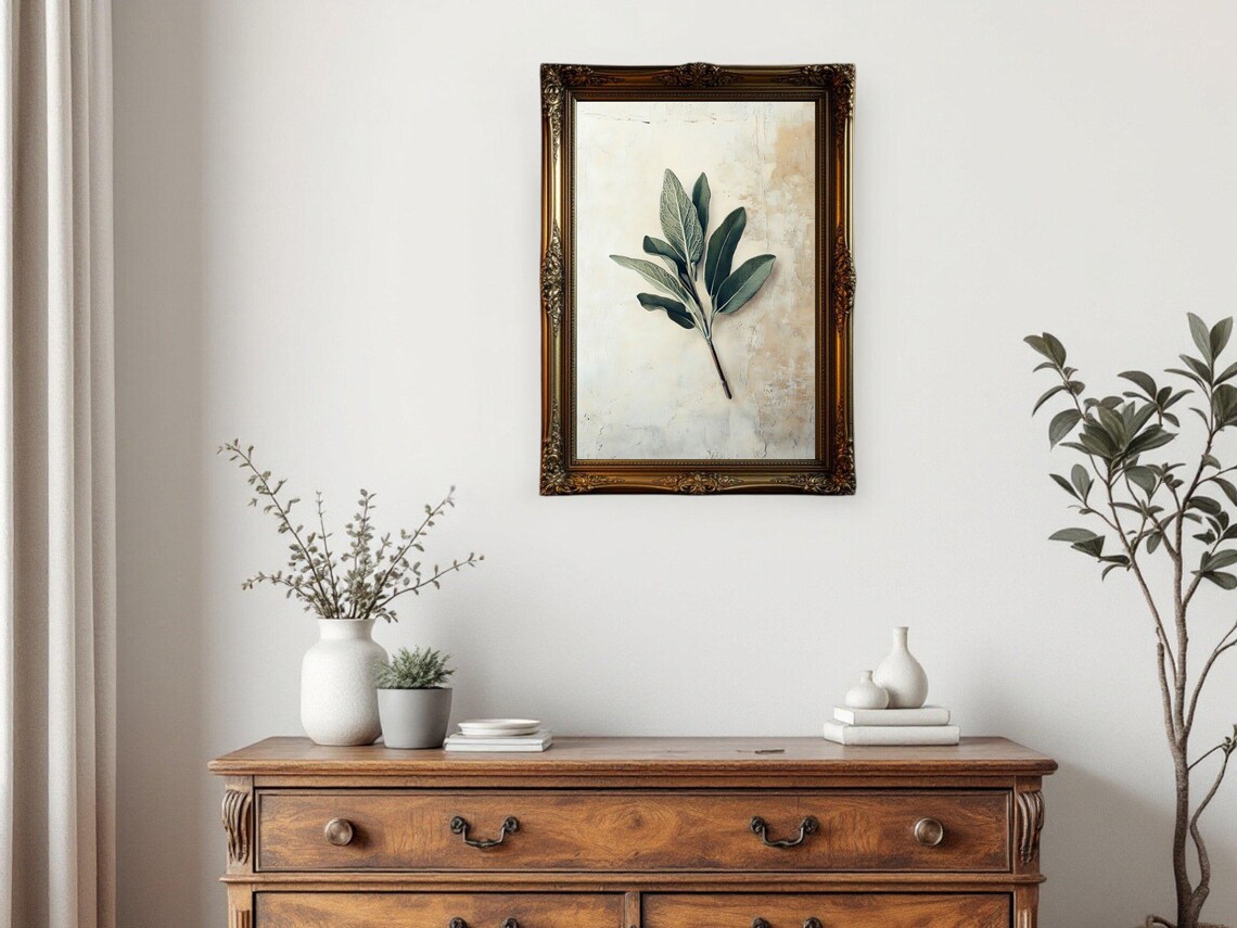 Sage Leaf Botanical Art Print, Vintage Oil Painting - Image 3