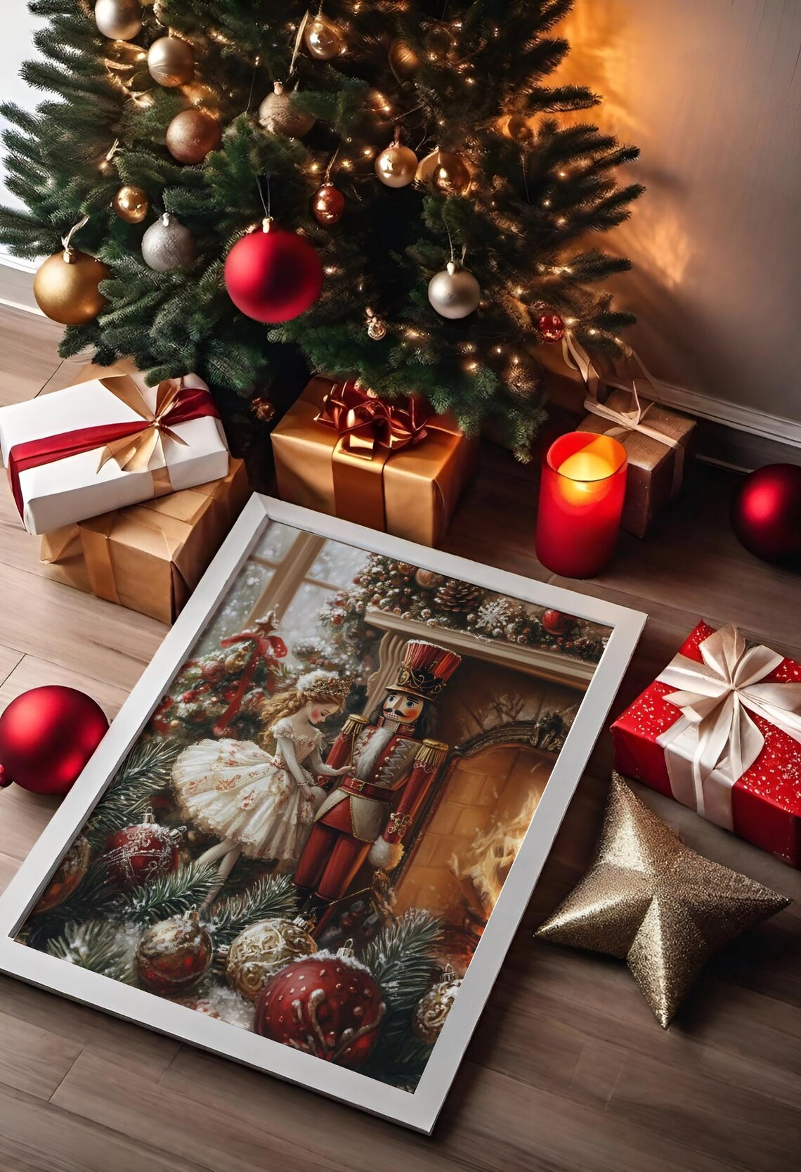 Vintage Nutcracker And Dancer Christmas Fireplace Scene - Image 2
