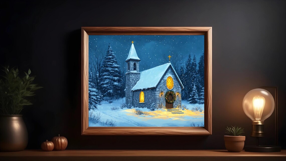 Snowy Christmas Chapel, Rustic Winter Scene