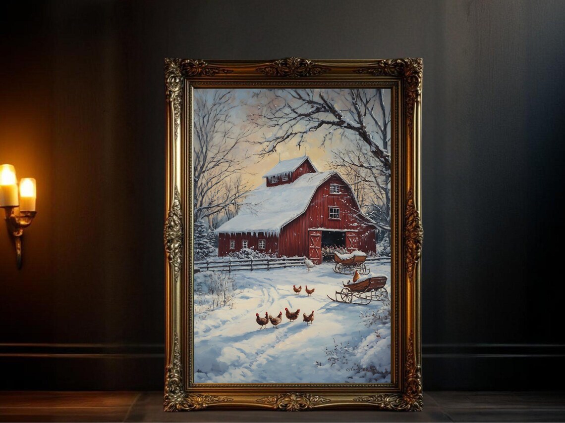 Winter Barn Scene, Rustic Country Landscape Art Print