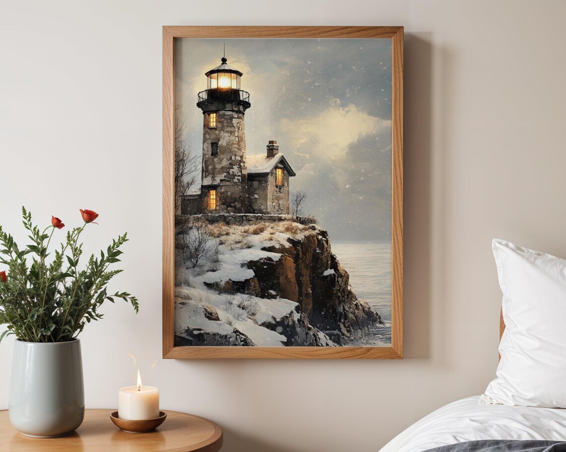 Enchanting Lighthouse In Winter Snow, Coastal Art Print