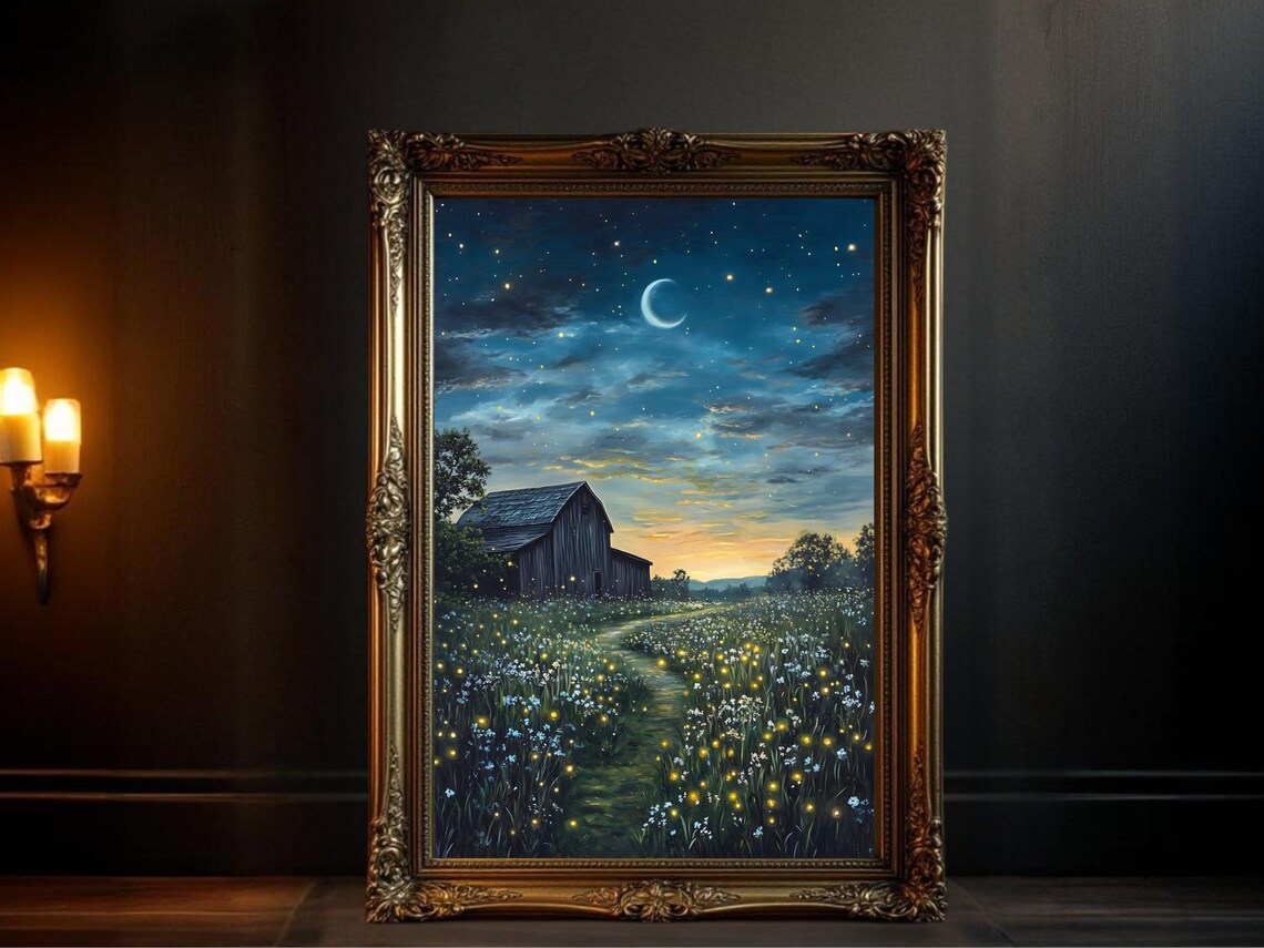 Starry Night Barn Firefly Meadow, Moonlit Landscape