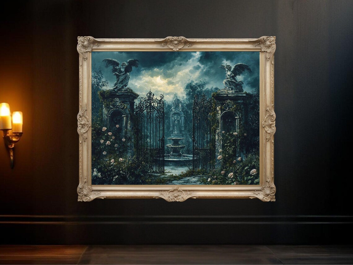 Enchanted Garden Gate, Gothic Moonlit Garden Art Print