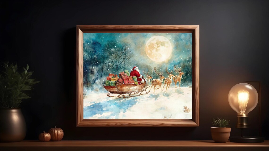 Rustic Santa And Reindeer, Moonlit Winter Scene